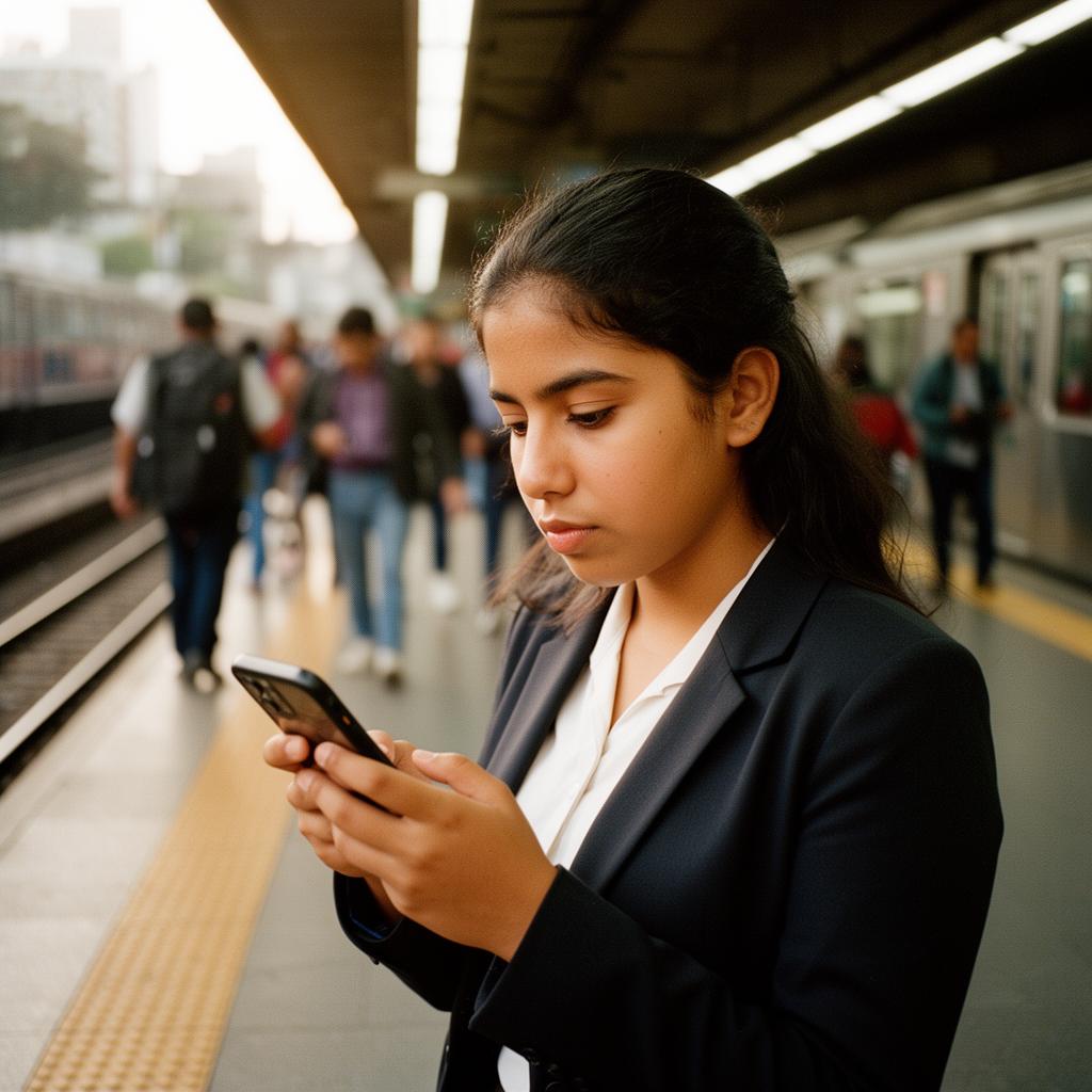 Trabajadora joven en Ciudad de México revisando su teléfono en el andén del metro